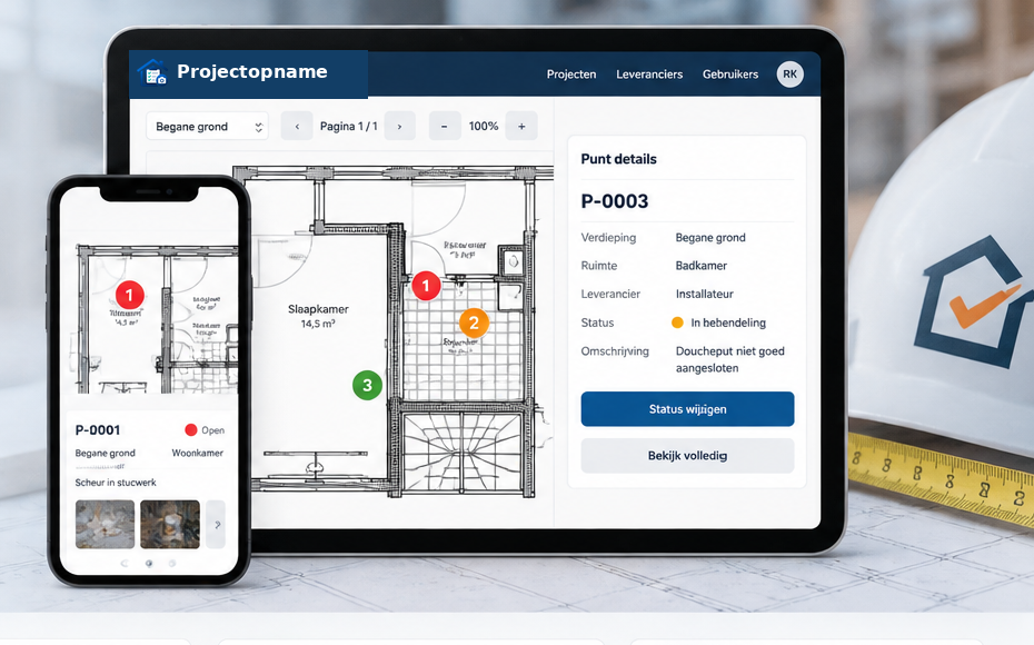 Projectopname met plattegrond, opleverpunten en puntdetails